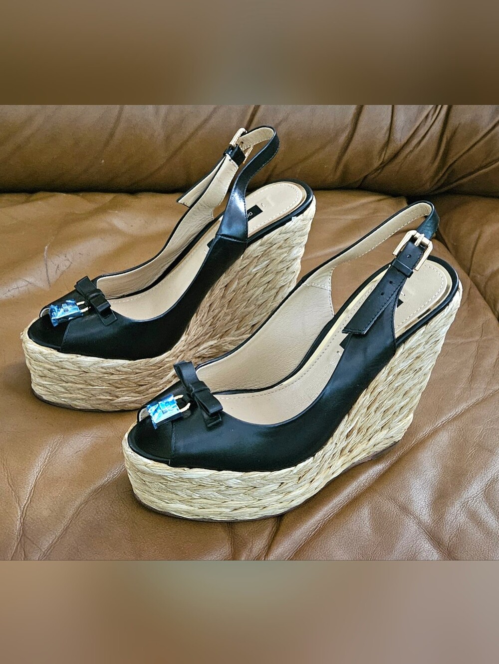 Dolce & Gabbana Black Espadrille Wedge Slingback Peep-Toe Sandals Size 5.5 US